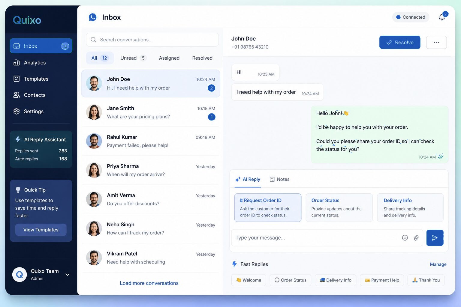 Quixo AI inbox — buyer messages with suggested replies